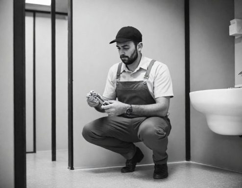 Pronto Idraulico h24 Uomo in una toilette che tiene un oggetto, accovacciato vicino a una parete.